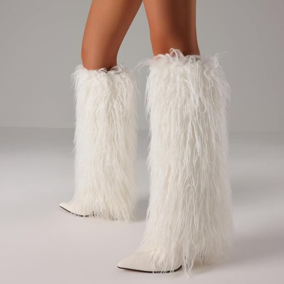 Women's white Kalstage Fur Knee High Heeled Wide Calf Party Fashion Boots - Picture 4 of 6